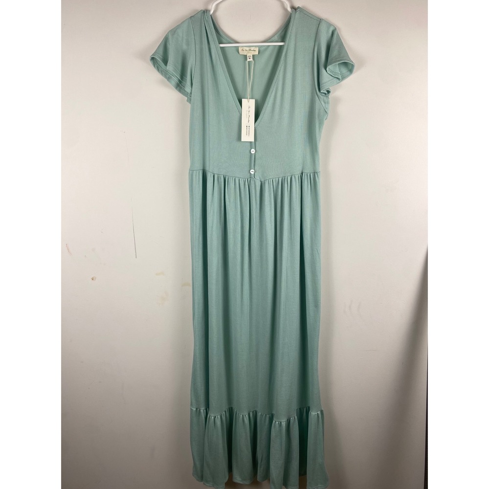 See You Monday Sage Green Ribbed Maxi Dress Flutter Sleeve V-Neck‎ XL NWT